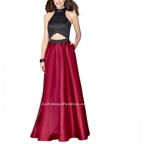 LA FEMME Two Tone A-Line High Neck Formal Gown - Picture 1 of 12